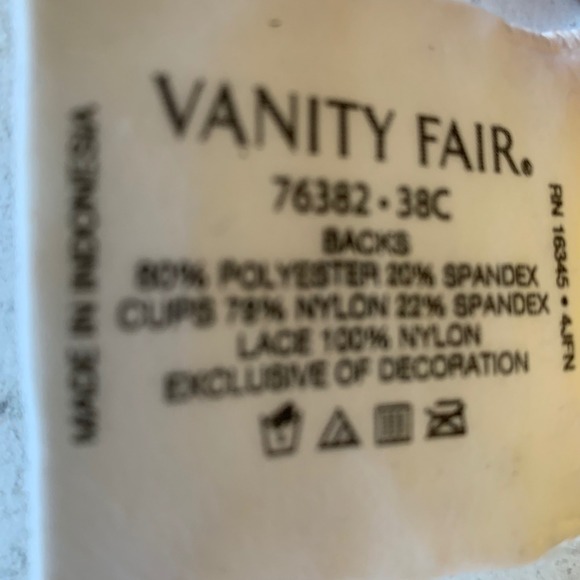 Vanity Fair 38C 76382 Padded, Back Smoother, Underwire, Full Bra, White Lace NEW - Picture 4 of 7